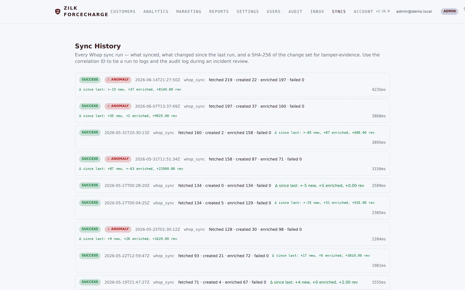 Zilk ForceCharge — Sync History