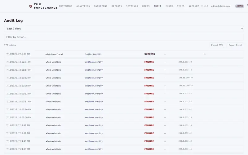 Zilk ForceCharge — Audit Log