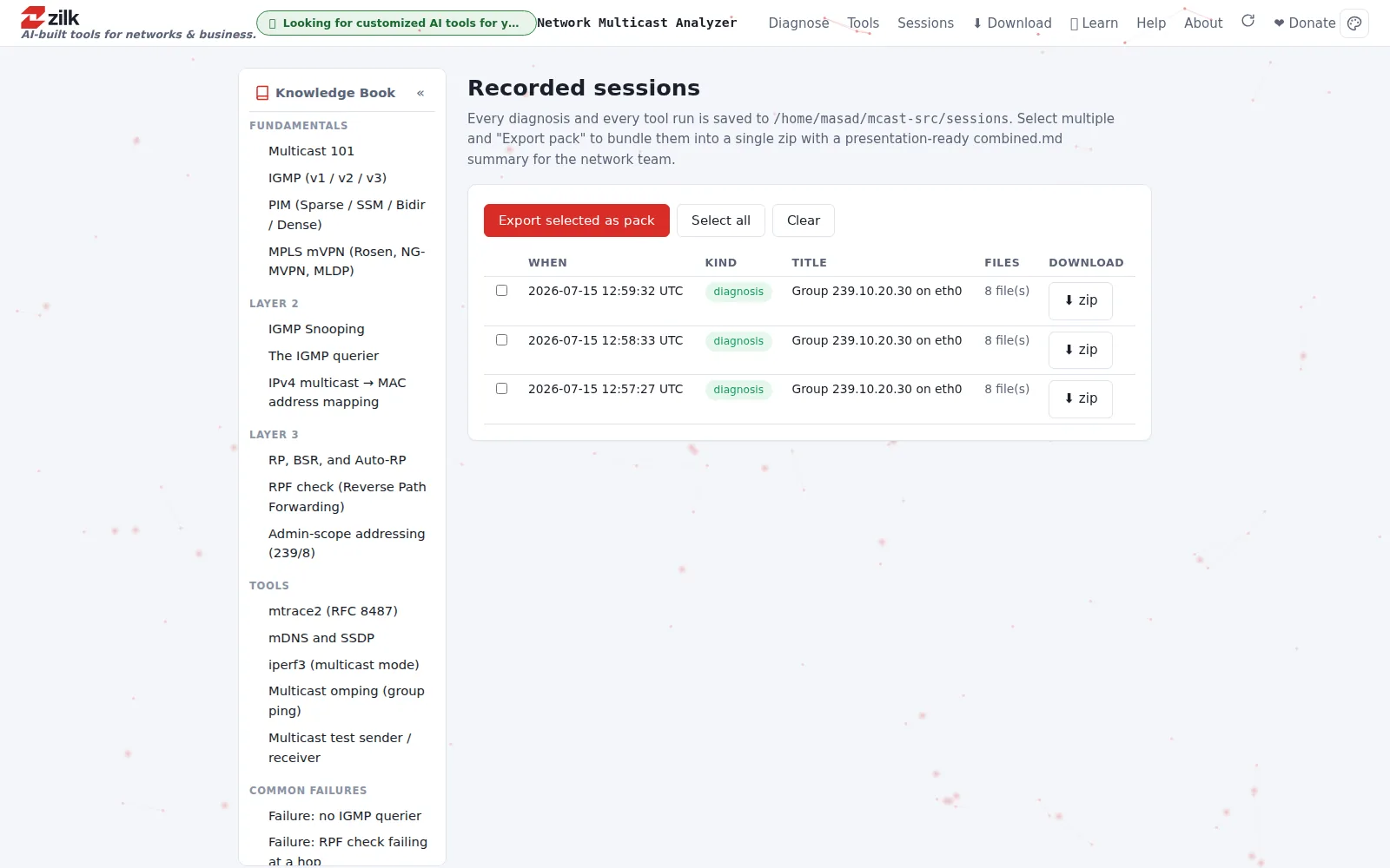 Zilk Multicast Analyzer — Sessions