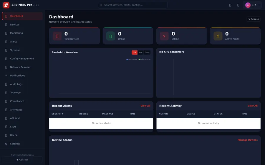 Zilk NMS Pro — Dashboard